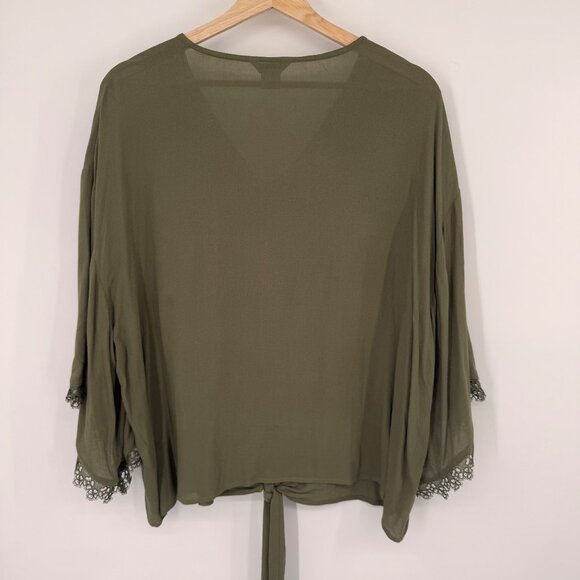 Ariat Olive Green V-Neck Blouse Lace Detail & Tie Front womens size Large - Picture 12 of 12